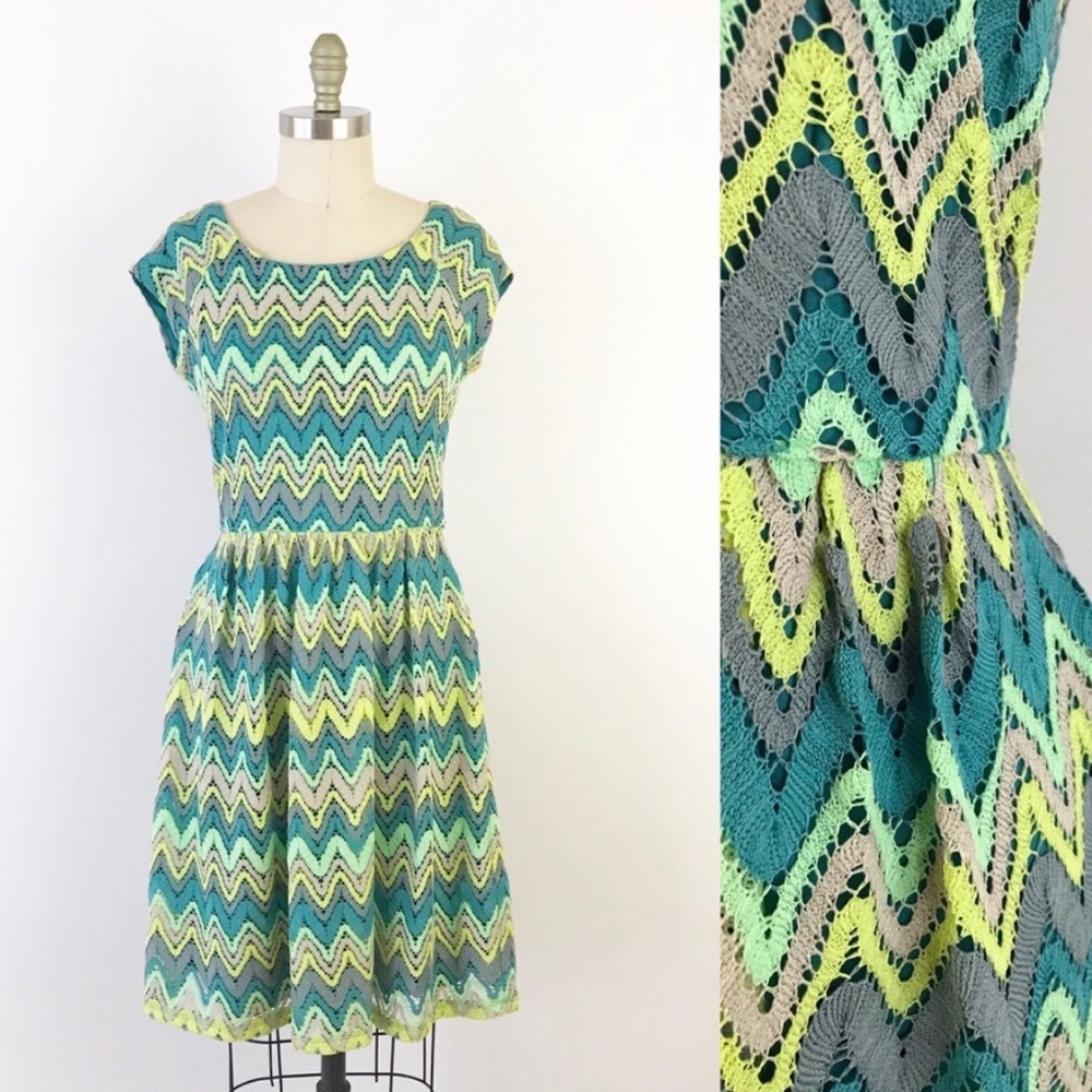 Colorful Retro Chevron Teal Fit Flare Dress Cheerful Fun